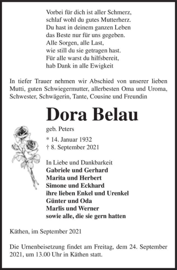 Traueranzeige von Dora Belau (geb. Peters)  von Magdeburger Volksstimme