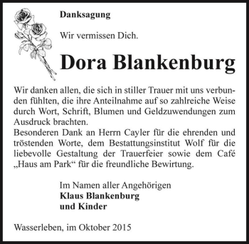 Traueranzeige von Dora Blankenburg  von Magdeburger Volksstimme