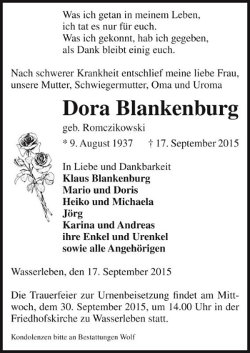 Traueranzeige von Dora Blankenburg (geb. Romczikowski)  von Magdeburger Volksstimme