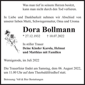 Traueranzeige von Dora Bollmann  von Magdeburger Volksstimme