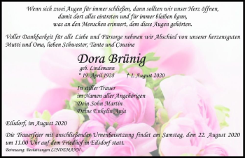 Traueranzeige von Dora Brünig (geb. Lindemann)  von Magdeburger Volksstimme