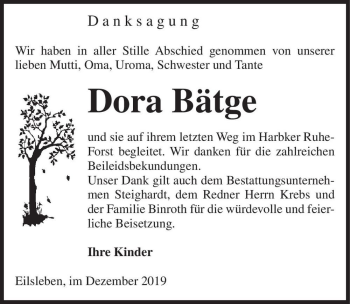 Traueranzeige von Dora Bätge  von Magdeburger Volksstimme