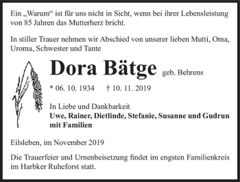 Traueranzeige von Dora Bätge (geb. Behrens)  von Magdeburger Volksstimme