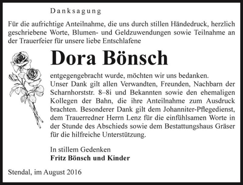 Traueranzeige für Dora Bönsch  vom 12.08.2016 aus Magdeburger Volksstimme