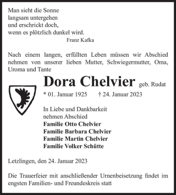 Traueranzeige von Dora Chelvier (geb. Rudat)  von Magdeburger Volksstimme