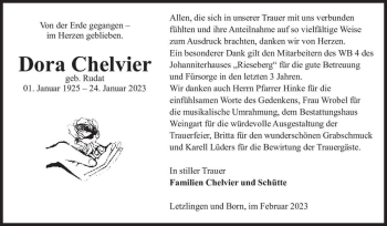 Traueranzeige von Dora Chelvier (geb. Rudat)  von Magdeburger Volksstimme