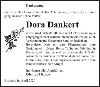 Traueranzeige von Dora Dankert  von Magdeburger Volksstimme