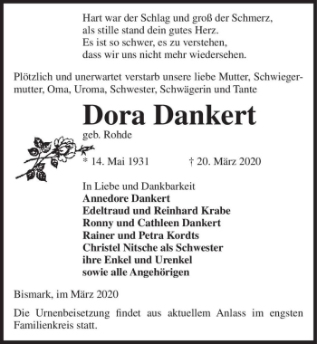Traueranzeige von Dora Dankert (geb. Rohde)  von Magdeburger Volksstimme