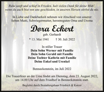 Traueranzeige von Dora Eckert (geb. Gerhardt)  von Magdeburger Volksstimme