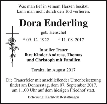 Traueranzeige von Dora Enderling (geb. Henschel)  von Magdeburger Volksstimme