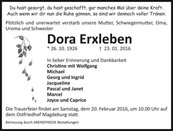 Traueranzeige von Dora Erxleben  von Magdeburger Volksstimme