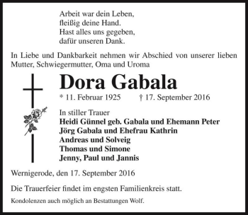 Traueranzeige von Dora Gabala  von Magdeburger Volksstimme