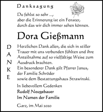 Traueranzeige von Dora Gießmann  von Magdeburger Volksstimme