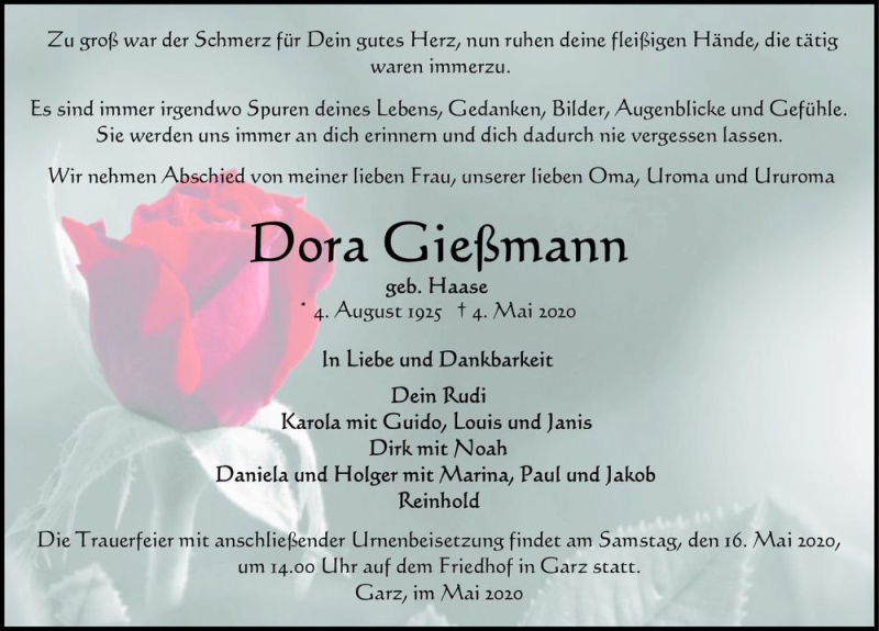  Traueranzeige für Dora Gießmann (geb. Haase)  vom 08.05.2020 aus Magdeburger Volksstimme