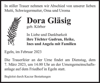 Traueranzeige von Dora Gläsig (geb. Körber)  von Magdeburger Volksstimme