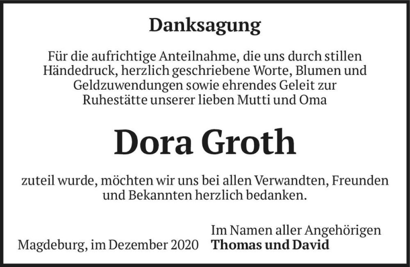  Traueranzeige für Dora Groth  vom 05.12.2020 aus Magdeburger Volksstimme