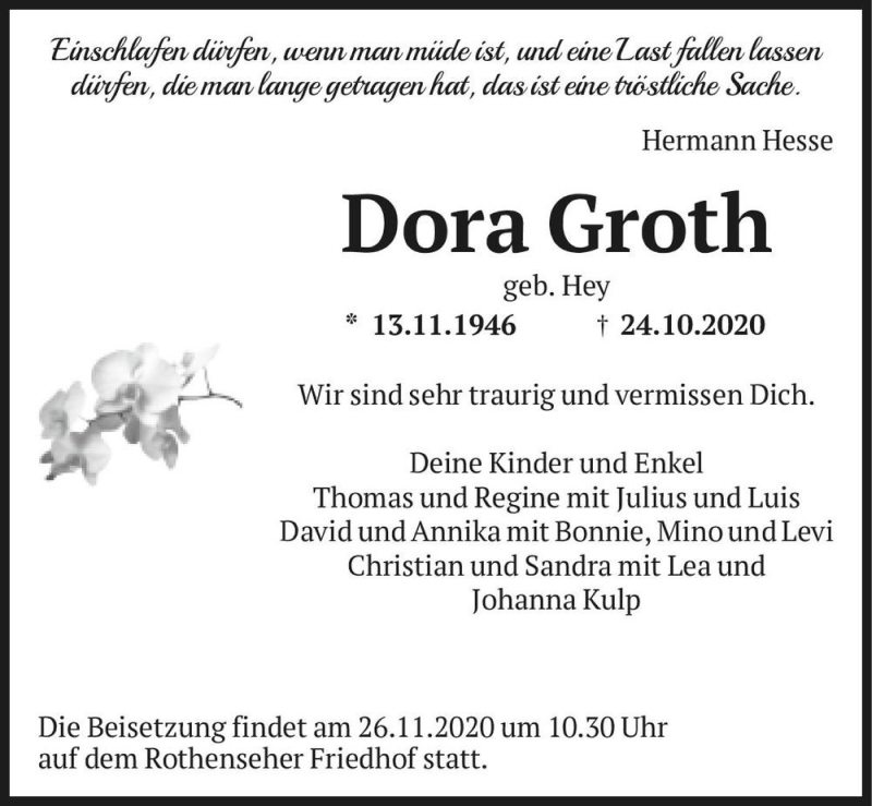  Traueranzeige für Dora Groth (geb. Hey)  vom 14.11.2020 aus Magdeburger Volksstimme