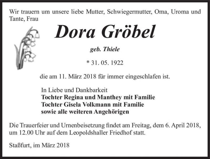  Traueranzeige für Dora Gröbel (geb. Thiele)  vom 17.03.2018 aus Magdeburger Volksstimme