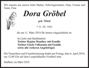 Traueranzeige von Dora Gröbel (geb. Thiele)  von Magdeburger Volksstimme