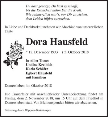 Traueranzeige von Dora Hausfeld  von Magdeburger Volksstimme