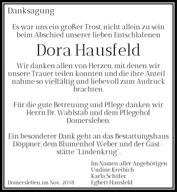 Traueranzeige von Dora Hausfeld  von Magdeburger Volksstimme