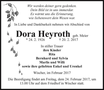 Traueranzeige von Dora Heyroth (geb. Meier)  von Magdeburger Volksstimme