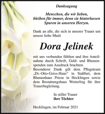 Traueranzeige von Dora Jelinek  von Magdeburger Volksstimme