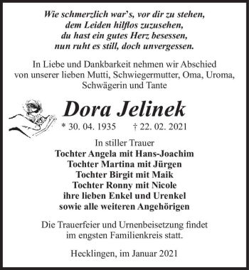 Traueranzeige von Dora Jelinek  von Magdeburger Volksstimme