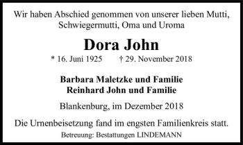Traueranzeige von Dora John  von Magdeburger Volksstimme