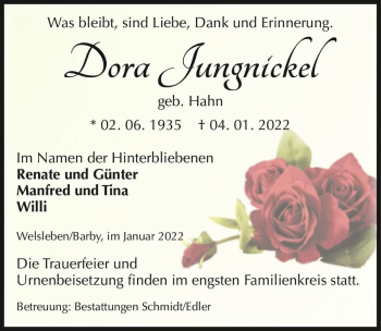 Traueranzeige von Dora Jungnickel (geb. Hahn)  von Magdeburger Volksstimme