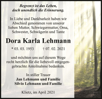 Traueranzeige von Dora Karla Lehmann  von Magdeburger Volksstimme