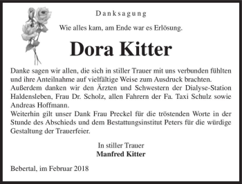 Traueranzeige von Dora Kitter  von Magdeburger Volksstimme