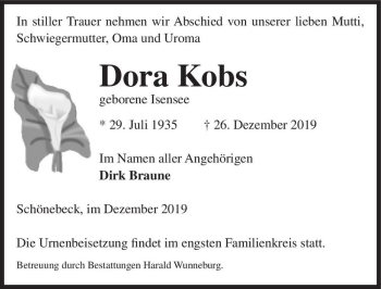 Traueranzeige von Dora Kobs (geb. Isensee)  von Magdeburger Volksstimme