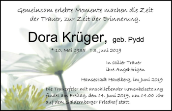 Traueranzeige von Dora Krüger (geb. Pydd)  von Magdeburger Volksstimme