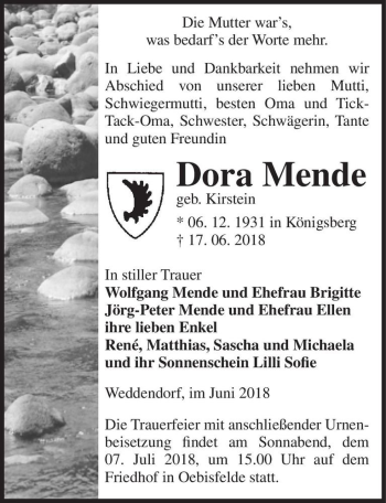 Traueranzeige von Dora Mende (geb. Kirstein)  von Magdeburger Volksstimme
