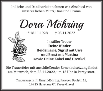 Traueranzeige von Dora Möhring  von Magdeburger Volksstimme
