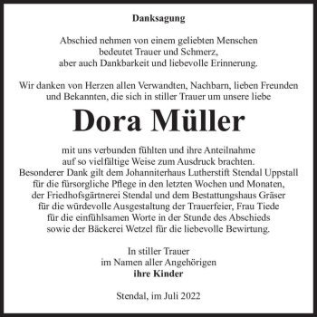 Traueranzeige von Dora Müller  von Magdeburger Volksstimme