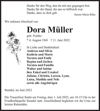 Traueranzeige von Dora Müller (geb. Franke)  von Magdeburger Volksstimme