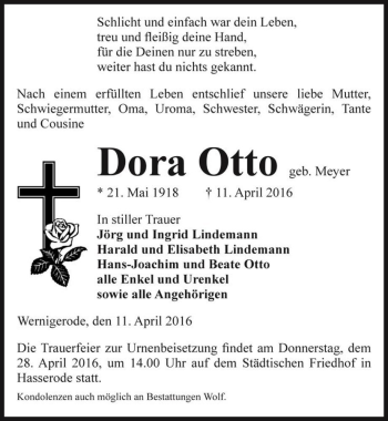 Traueranzeige von Dora Otto (geb. Meyer)  von Magdeburger Volksstimme