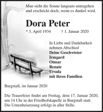 Traueranzeige von Dora Peter  von Magdeburger Volksstimme