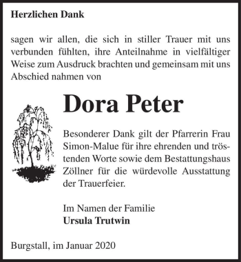Traueranzeige von Dora Peter  von Magdeburger Volksstimme
