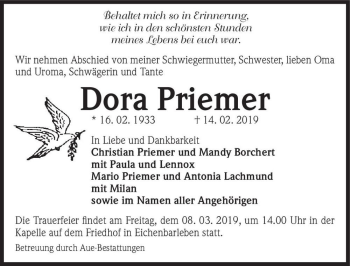 Traueranzeige von Dora Priemer  von Magdeburger Volksstimme