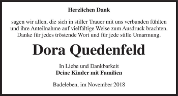 Traueranzeige von Dora Quedenfeld  von Magdeburger Volksstimme
