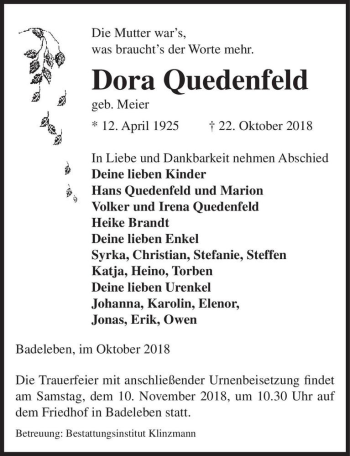 Traueranzeige von Dora Quedenfeld (geb. Meier)  von Magdeburger Volksstimme