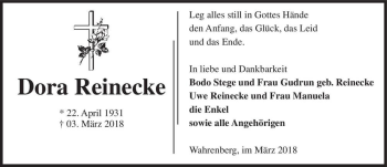 Traueranzeige von Dora Reinecke  von Magdeburger Volksstimme