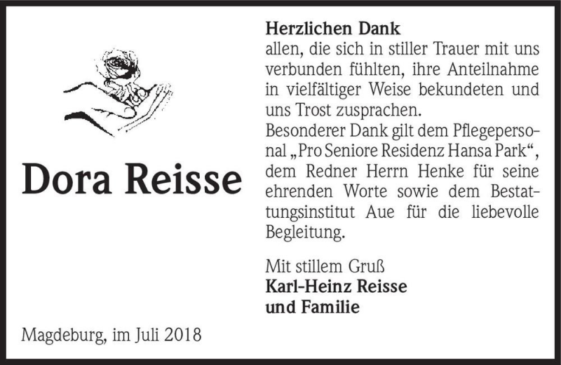  Traueranzeige für Dora Reisse  vom 14.07.2018 aus Magdeburger Volksstimme