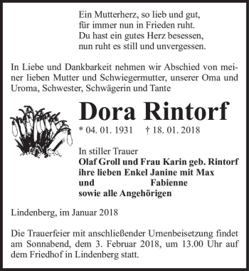 Traueranzeige von Dora Rintorf  von Magdeburger Volksstimme