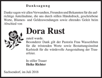 Traueranzeige von Dora Rust  von Magdeburger Volksstimme