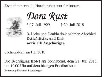 Traueranzeige von Dora Rust  von Magdeburger Volksstimme