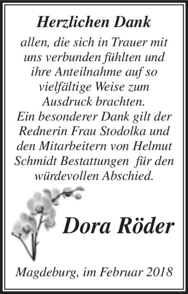  Traueranzeige für Dora Röder  vom 24.02.2018 aus Magdeburger Volksstimme